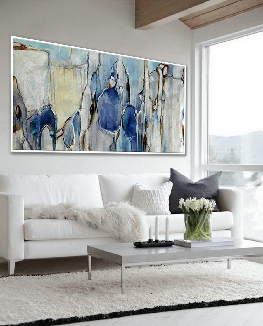 Modern Panoramic Oil Painting On Canvas Extra Large Brush Stroke Soft Tones Oversize Soft Color Wall Art Royal Carolina Blue White