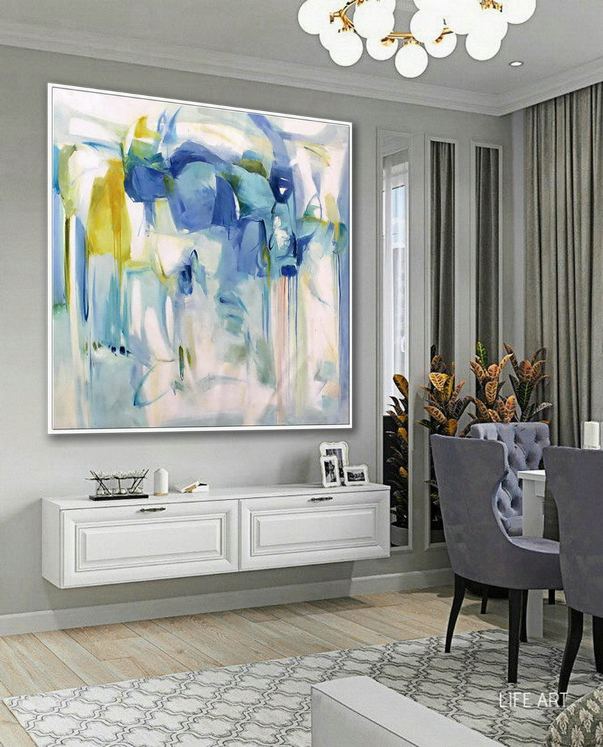 Hand Painted Modern Contemporary Oversize Square Oil Painting On Canvas Soft Color Extra Large Brush Stroke Soft Tones Wall Art
