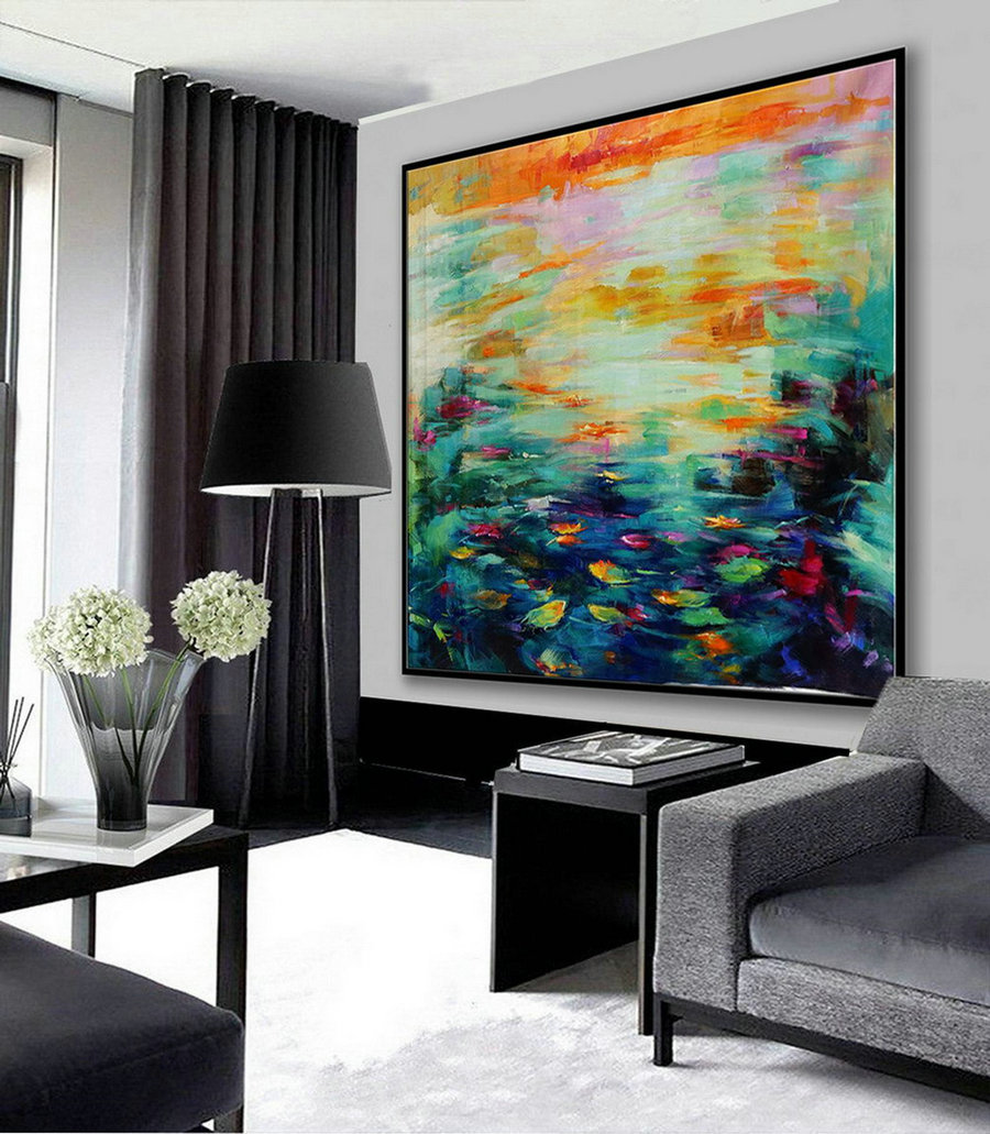Extra Large Bright Strong Color Brush Stroke Oversize Square Modern Contemporary Colorful Wall Art Handmade Oil Painting On Canvas Green