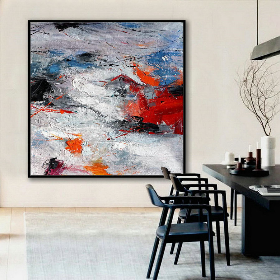 Gray Purple Red Oversize Hand Painted Acrylic Painting Colorful Extra Large Square Abstract Artwork Modern Palette Knife Wall Art
