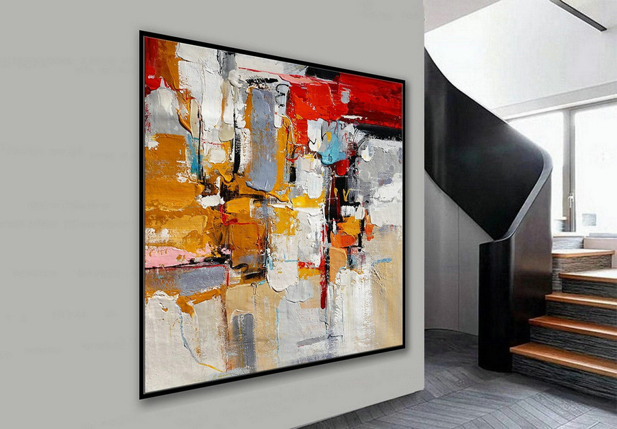 Abstract Artwork Square Wall Art Modern Palette Knife Oversize Hand Painted Extra Large Acrylic Colorful Painting on Canvas Red
