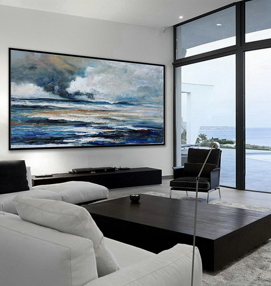 Modern Extra Large Abstract Sky Cloud Sea Ocean Beach Coast Coastal Oversize Soft Tones Color Oil Painting on Canvas Navy Royal Blue
