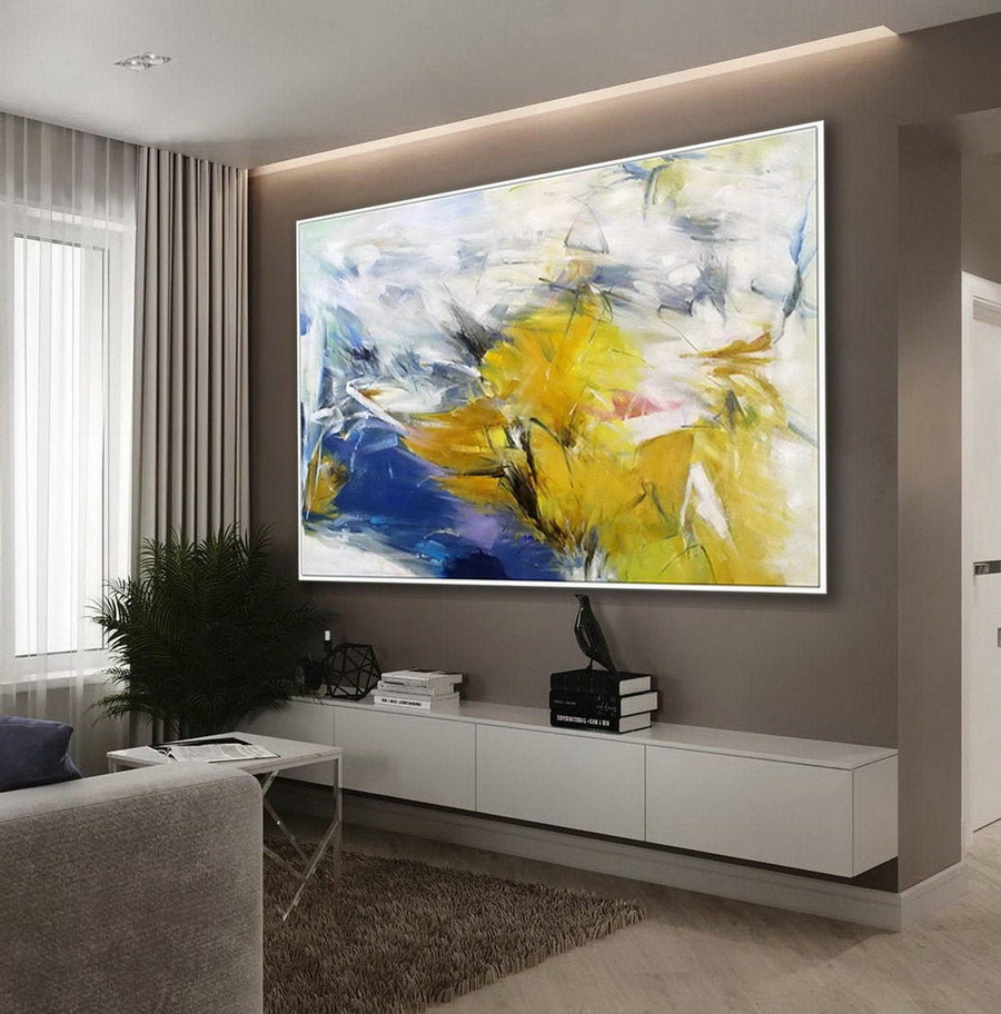 Oversize Horizontal Colorful Wall Art Modern Contemporary Extra Large Brush Stroke Oil Painting On Canvas Blue Energy Yellow