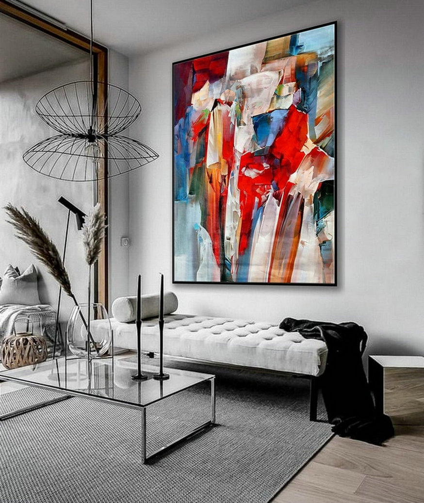 Oversize Vertical Handmade Oil Painting On Canvas Red White Modern Colorful Extra Large Bright Color Brush Stroke Wall Art XXL