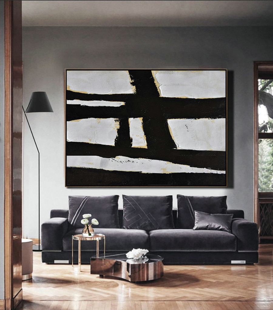 Horizontal Black and White Minimalist Art, Modern Minimal Painting on Canvas, Large Canvas Art Living Room Decor-Leah Caylor #L20Z