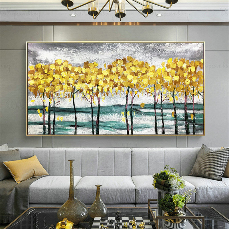 Gold trees abstract paintings on canvas wall art pictures for living room home acrylic wall decor gold art textured landscape quadros decor