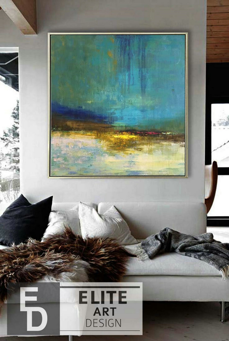 Oversized abstract wall art Neutral abstract Paintings on Canvas Teal Blue Paintings Large Original Oil Painting Wall Art