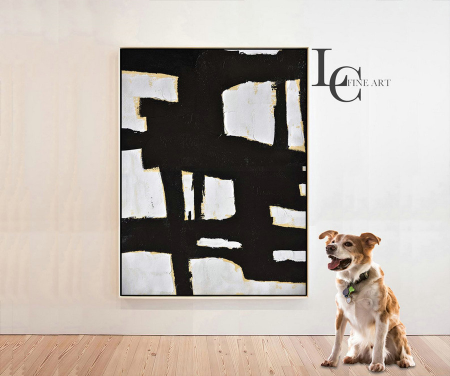 Large Modern Painting Abstract Art, Hand Painted Large Canvas Painting, Black, white, yellow beige- Leah Caylor #L183Y