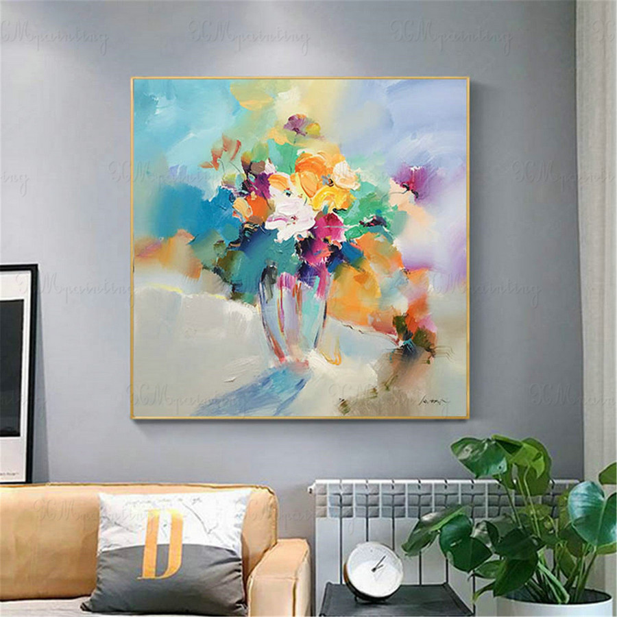 Acrylic canvas Abstract flower painting wall art pictures for living room wall decor dining room Original blue thick texture artwork