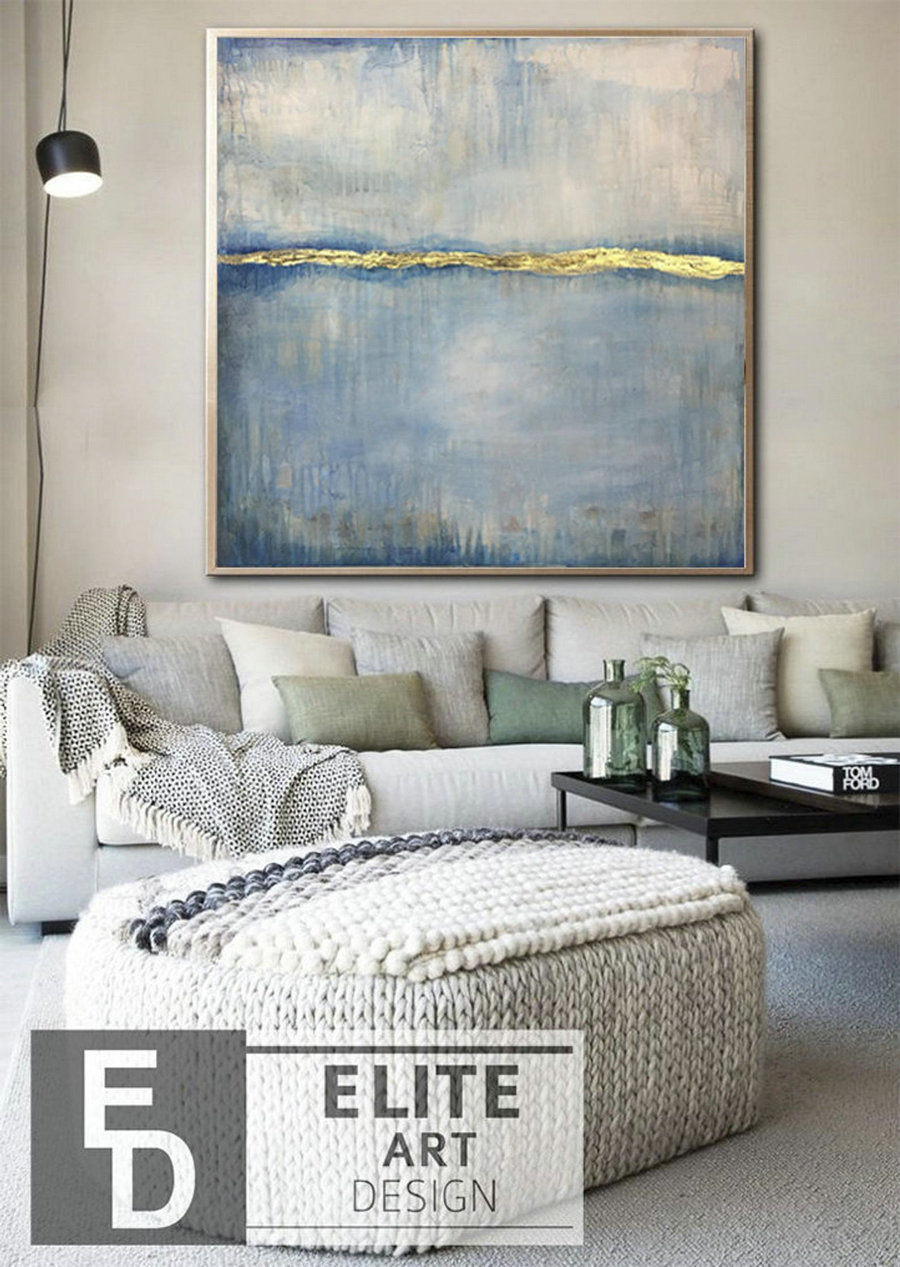 Large Original Oil Painting On Canvas Abstract Paintings Blue Gold Leaf Painting Abstract Modern Minimalist Art Painting For Living Room