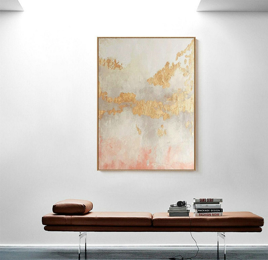 Large abstract painting on canvas pink and gold wall art blush and gold wall decor yellow painting abstract art canvas big pink painting