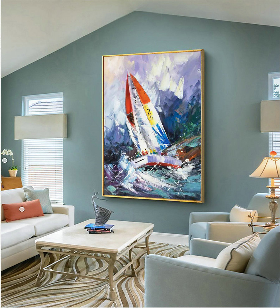 Sailboat painting on canvas original vintage boat art nautical painting purple painting landscape painting large abstract art canvas