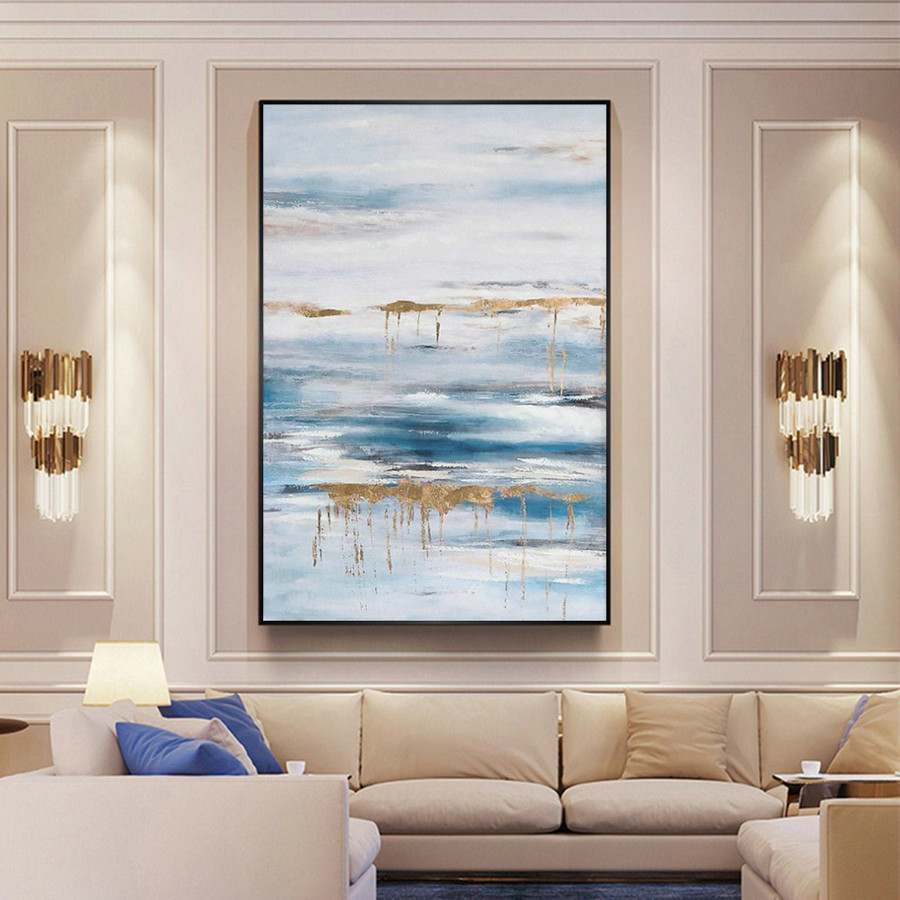 Blue abstract painting gold art painting seascape painting Landscape Painting on canvas yellow painting abstract large blue sea painting