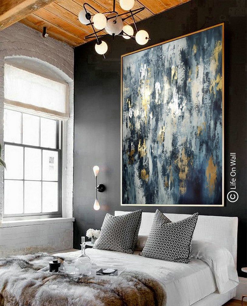 Original Abstract Painting blue gold silver foil, Neutral abstract art, Original Abstract art on canvas,Oversized abstract painting original