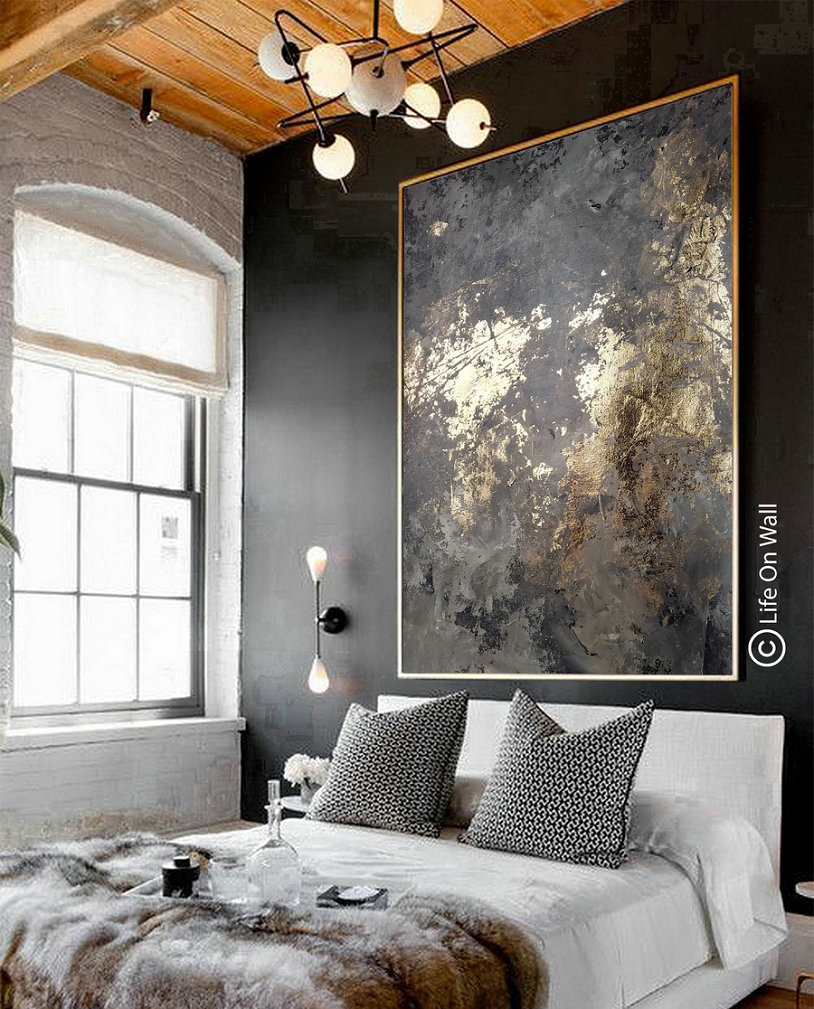 Extra large original abstract painting gray black gold foil leaf, vertical abstract art, living room abstract painting, bedroom abstract art