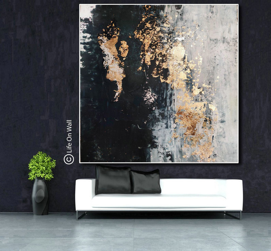 Bedroom abstract art original black gray gold foil, oversized original abstract art, vertical abstract painting, living room abstract art