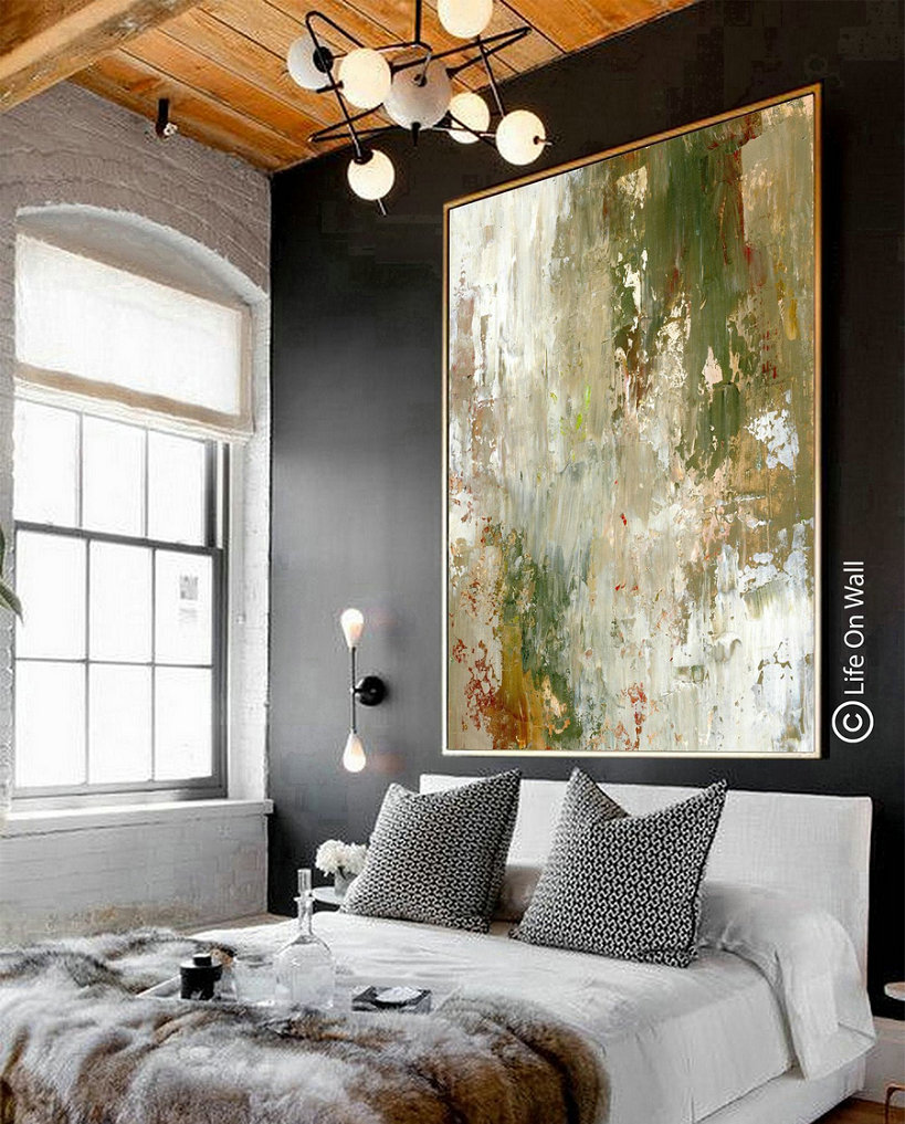 Large Living Room Wall Abstract Canvas  White Green Abstract Painting  Modern Home Bedroom Wall Decoration