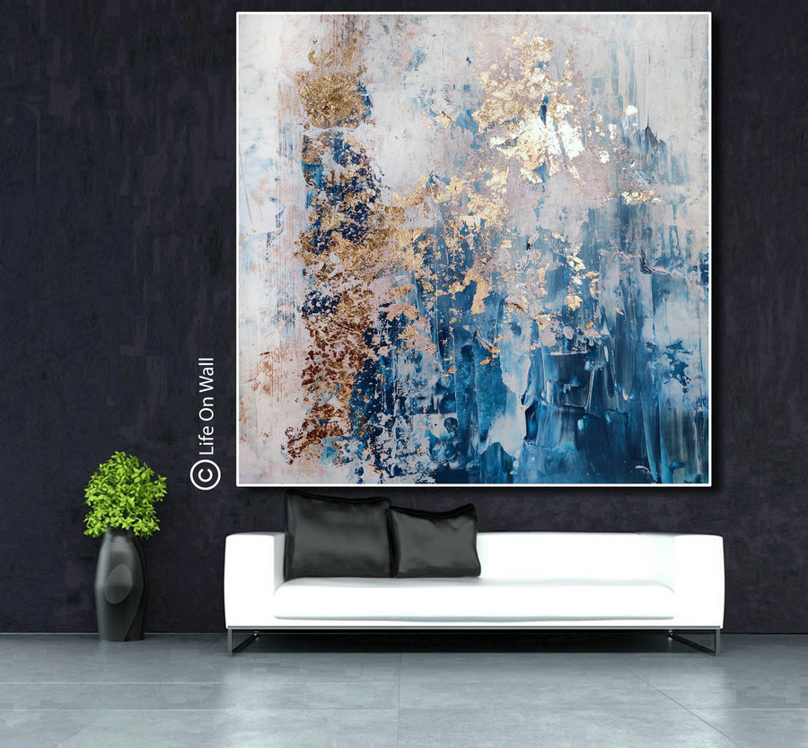 Living room abstract art blue white gray gold foil, bedroom abstract painting, Extra large original abstract painting, abstract art
