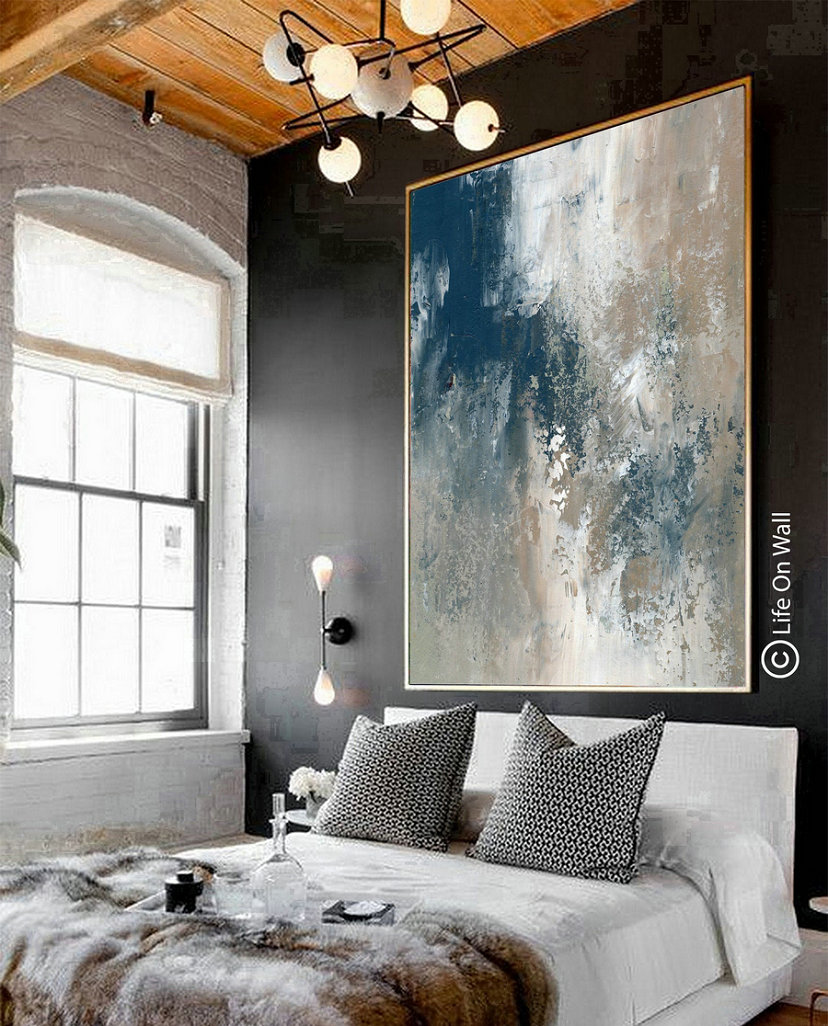 Bedroom abstract painting original blue gray beige white, oversize original abstract, vertical abstract art,living room abstract painting