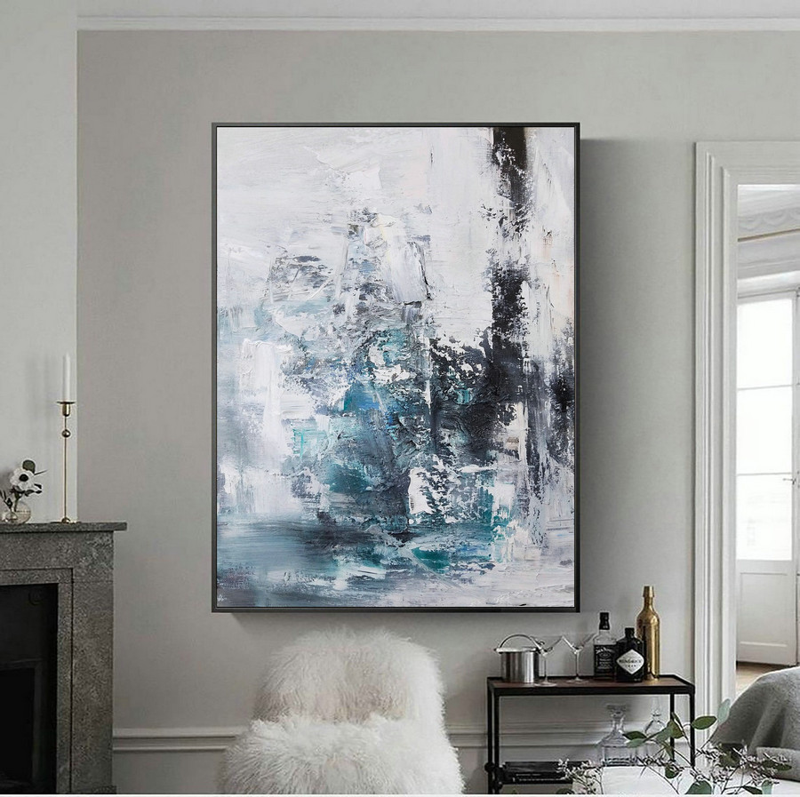 Large Blue abstract painting teal wall art blue abstract art canvas gray wall painting oversize wall art large wall art office wall decor
