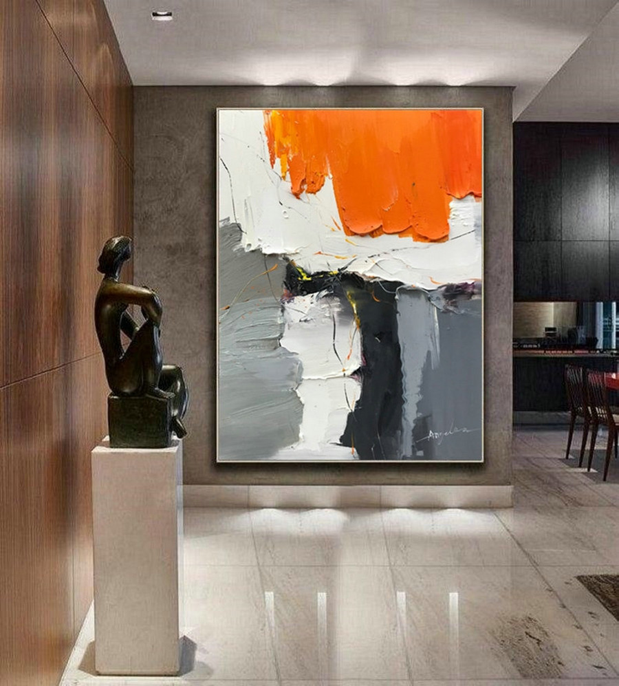 Large Original Gray Abstract Painting Orange Painting, Modern Hand Oil Painting, Minimalist Abstract Painting,Contemporary Art,Sofa Wall Art