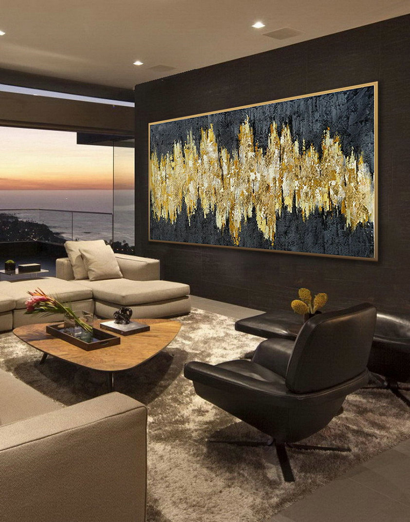 Black Gold Leaf Artwork Extra Large Panoramic Textured Abstract Wall Art Oversize Texture Acrylic Painting on Canvas