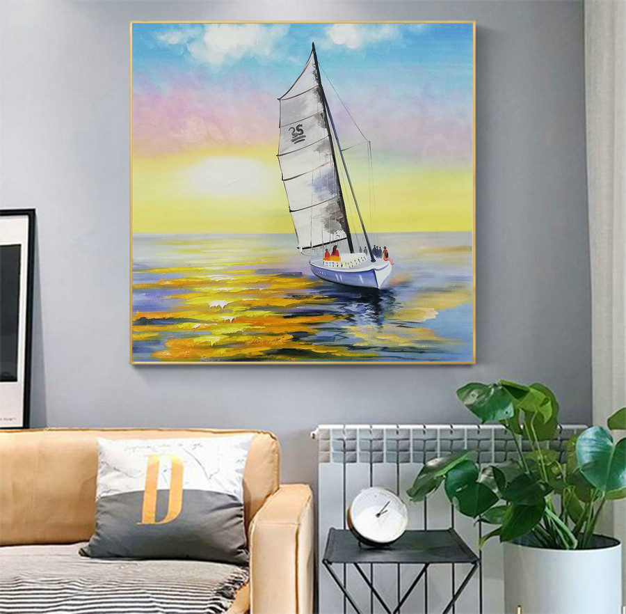 Large Sea painting abstract Sailing boat landscape painting on canvas original nautical painting yellow painting canvas beige painnting