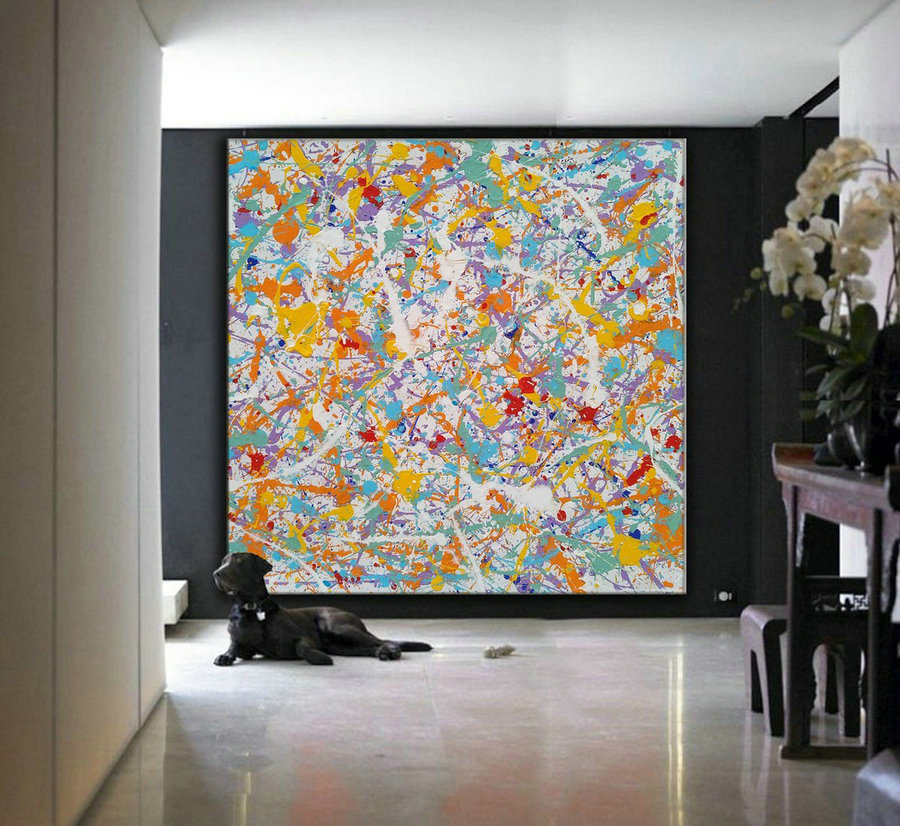 Oversized Horizontal Wall Art,Yellow Abstract Drip Painting, Original Abstract L609