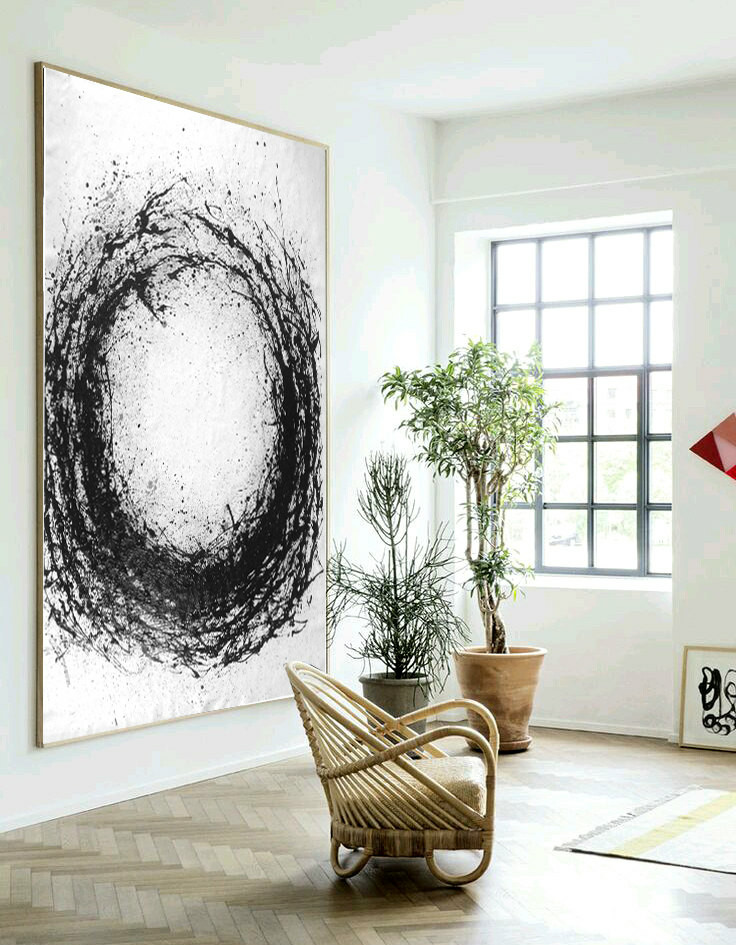 Large Abstract Art, Hand Made Acrylic Painting Minimalist Art, Abstract Painting On Canvas, Modern Art Circle. Black White