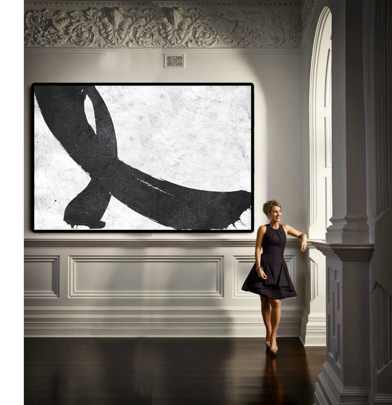 Hand Painted Extra Large Abstract Painting, Horizontal Acrylic Painting Large Wall Art. Black White Painting.