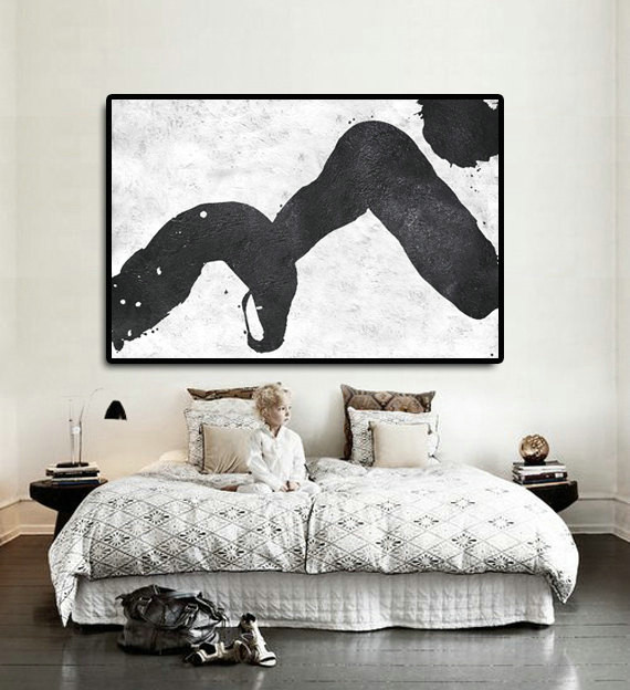 Hand Painted Extra Large Abstract Painting Landscape, Horizontal Acrylic Painting Large Wall Art. Black White Painting.