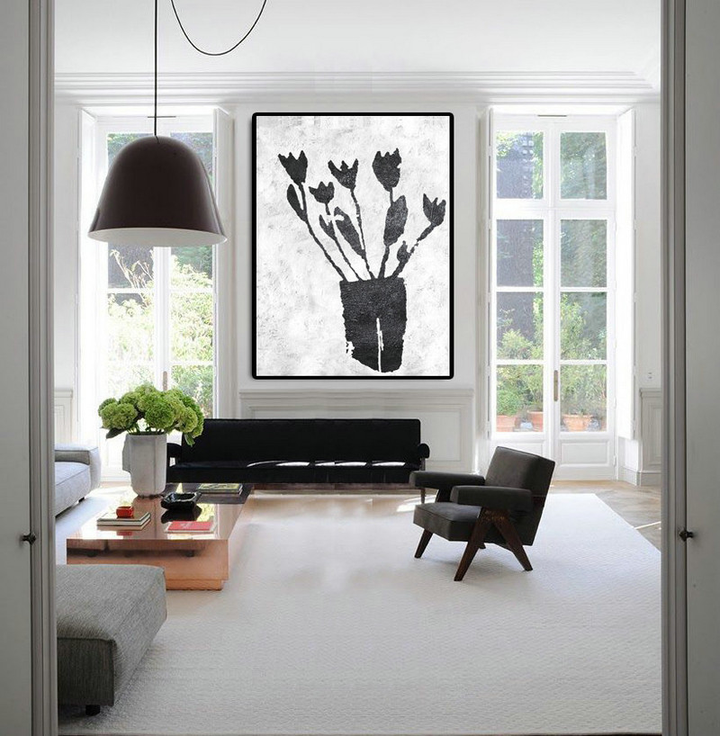 Extra Large Abstract Painting On Canvas, Textured Painting Canvas Art, Black And White Flowers Original Art Handmade.