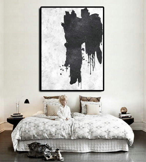 Spackle Wall Art Black and White Textured Painting Modern Black and White Canvas Art Extra Large Black and White Plaster Wall Art