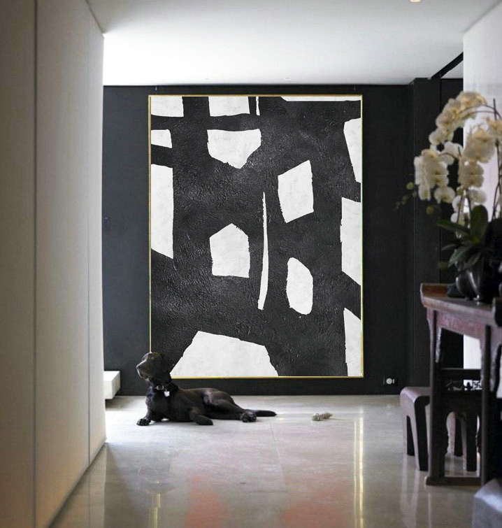 Abstract Painting Large Canvas Art, Handmade Black White Geometric Art, Acrylic Minimalist Painting.