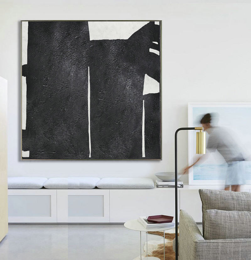 Abstract Painting Extra Large Canvas Art, Handmade Black White Geometric Art, Acrylic MinimaIlist Painting.