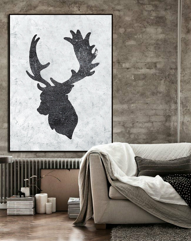 Large Abstract Painting, Hand Made Painting Minimalist Art, Abstract Art On Canvas, Modern Art. Black And White Reindeer.
