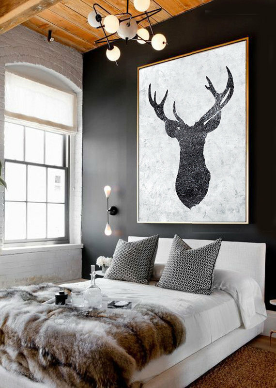 Large Abstract Painting, Hand Painted Reindeer Painting Minimalist Art, Abstract Art On Canvas, Modern Art. Black And White.