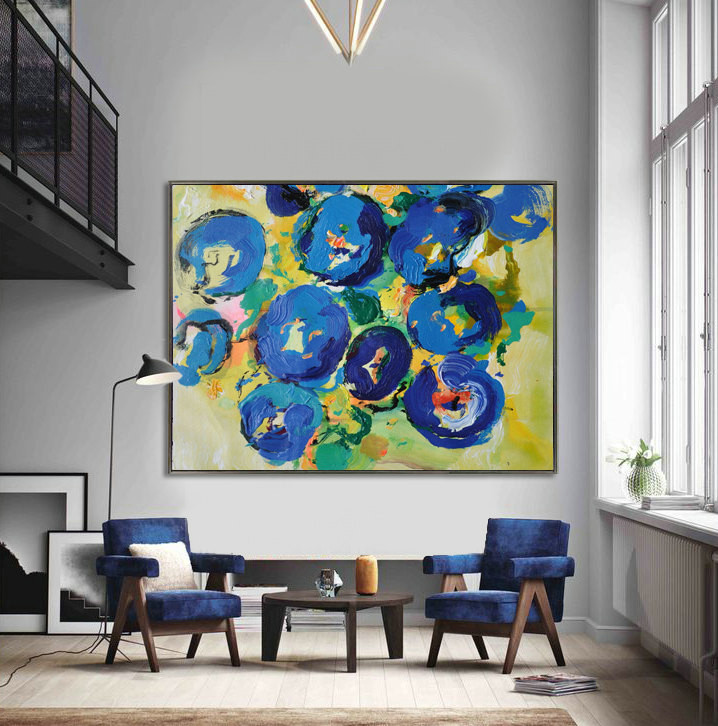 Handmade Extra Large Contemporary Painting, Huge Abstract Canvas Art, Original Artwork by Leo. Hand paint. Green, blue, yellow, orange.