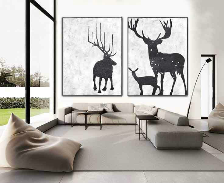 Set Of 2 Huge Contemporary Art Acrylic Painting On Canvas, Minimalist Canvas Wall Art Home Decor, Reindeers, HANDMADE.