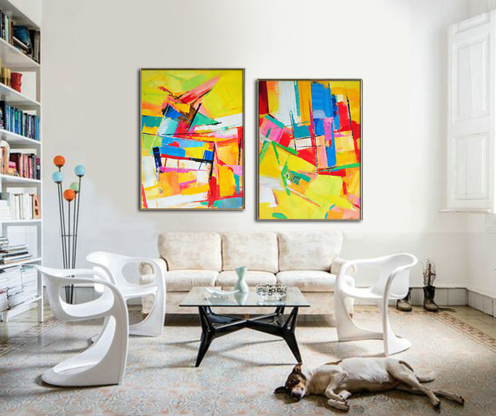 Set Of 2 Large Contemporary Painting, Original Artwork, Hand paint. Red, yellow, green, blue, purple - By Leo