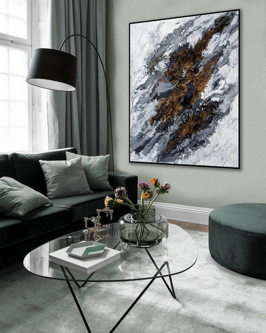 Acrylic Fluid Art Large Modern Abstract Wall Art Hand Painted Painting Gray White Black Dining Living Room Decor Art