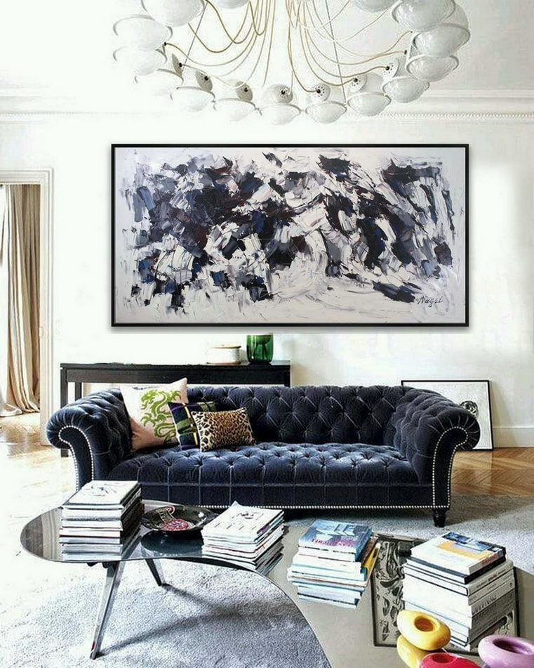 Extra Large Panoramic Modern Abstract Wall Art Hand Painted Black and White Contemporary Thick oil Painting On Canvas 48 x 96"