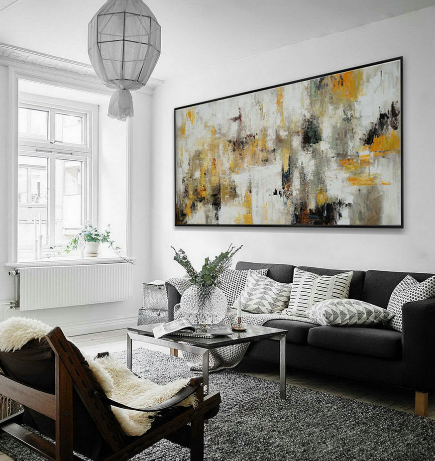 Panoramic Contemporary Modern Neutral Wall Art Extra Large Easy Simple Abstract Acrylic Painting on Canvas White Black 48x96" Long XL
