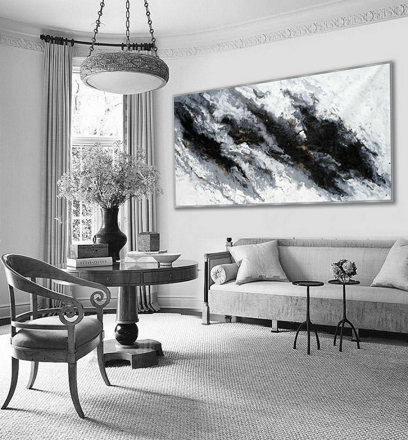 Extra Large Acrylic Modern Marble Fluid Art Abstract Hand Painted Black and White Wall Art Painting - Click Image to Close