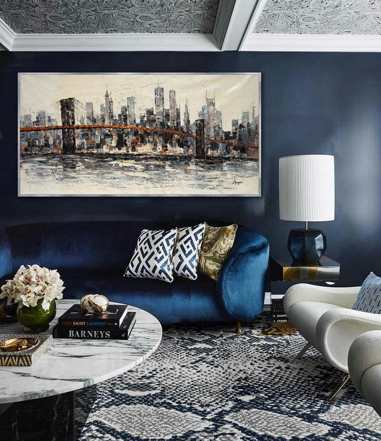 Extra Large Panoramic Modern Abstract Wall Art Hand Painted Gray and White New York Contemporary oil Painting On Canvas 48 x 96"
