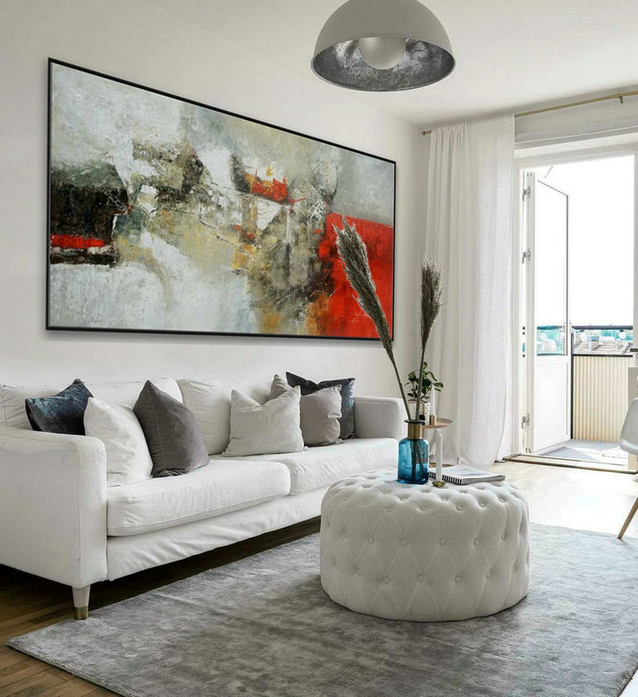 Panoramic Modern Contemporary Neutral Color Wall Art Large Horizontal Thick Texture Palette Knife Abstract Canvas Oil Painting Red