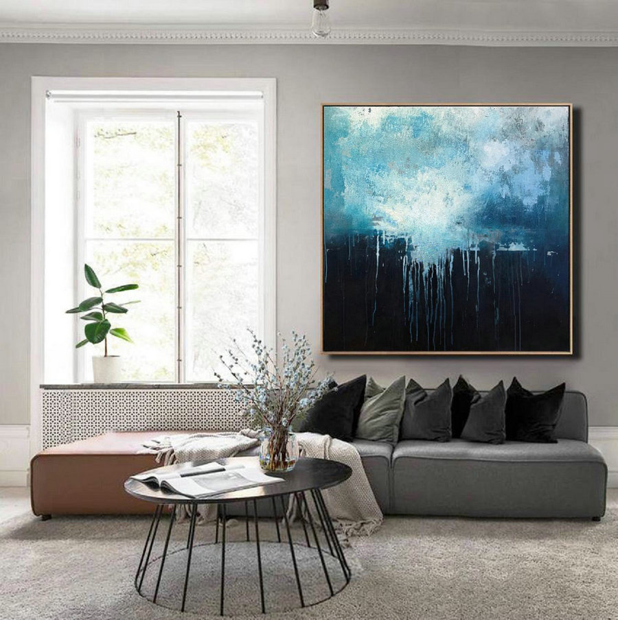 Large Blue Abstract Art Sky Landscape Oil Painting,Black Abstract Oil Painting,Abstract Art Oil Painting,Large Wall Blue Oil Painting