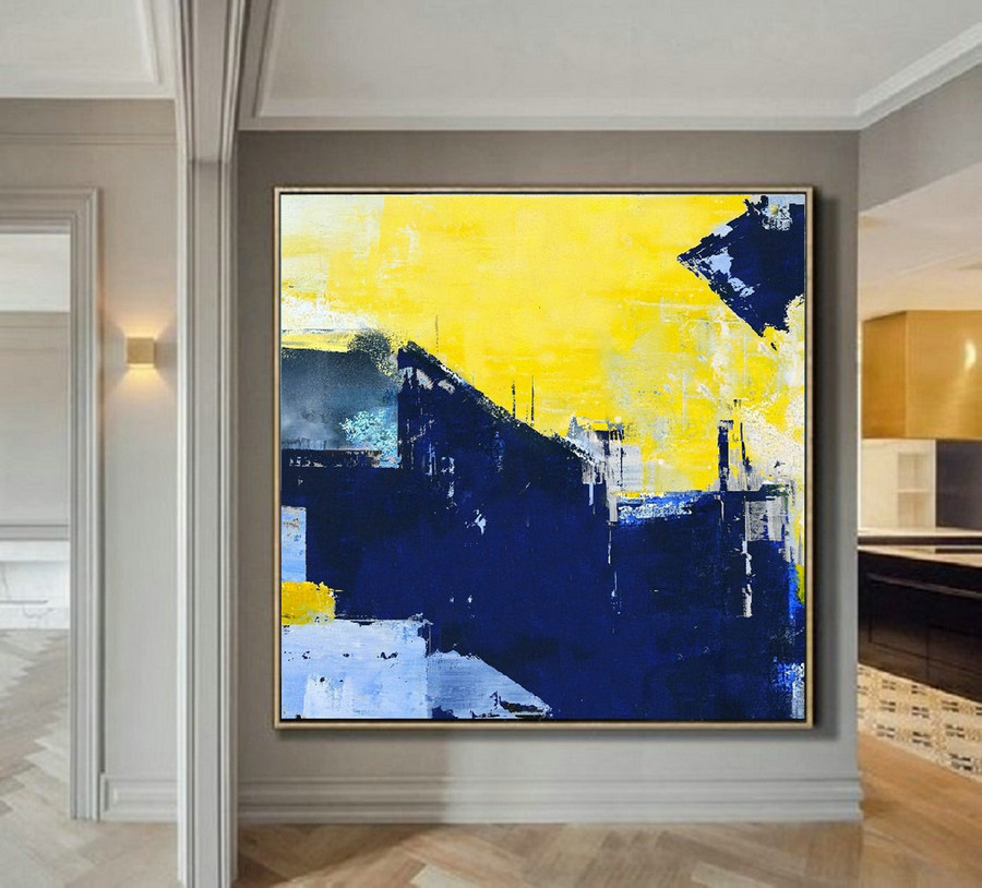 Super Texture Palette Abstract Oil Painting On Canvas,Blue Abstract Painting,Yellow Oil Painting,Original Abstract Canvas Wall Art Painting