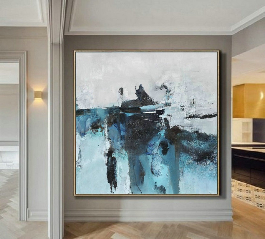 Original Deep Blue Abstract White Abstract Canvas Oil Painting,Dining Room Wall Art Painting,Oversize Painting,Large Wall Abstract Painting