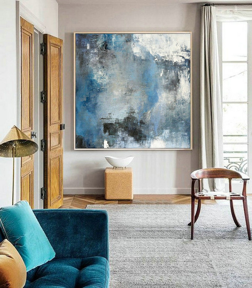 Original Abstract Art Painting,Blue White Abstract Paintin,Large Cloud Canvas Oil Painting,Abstract Art,Modern Abstract Art,Living Room Art
